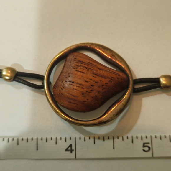 Vintage Tropical Wood Gold Bracelet Earrings Set Brown Black Bohemian Retro 70s - Picture 7 of 10